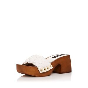 AQUA Womens White Woven Boho Square Toe Platform Slip On Heeled Sandal 7 M